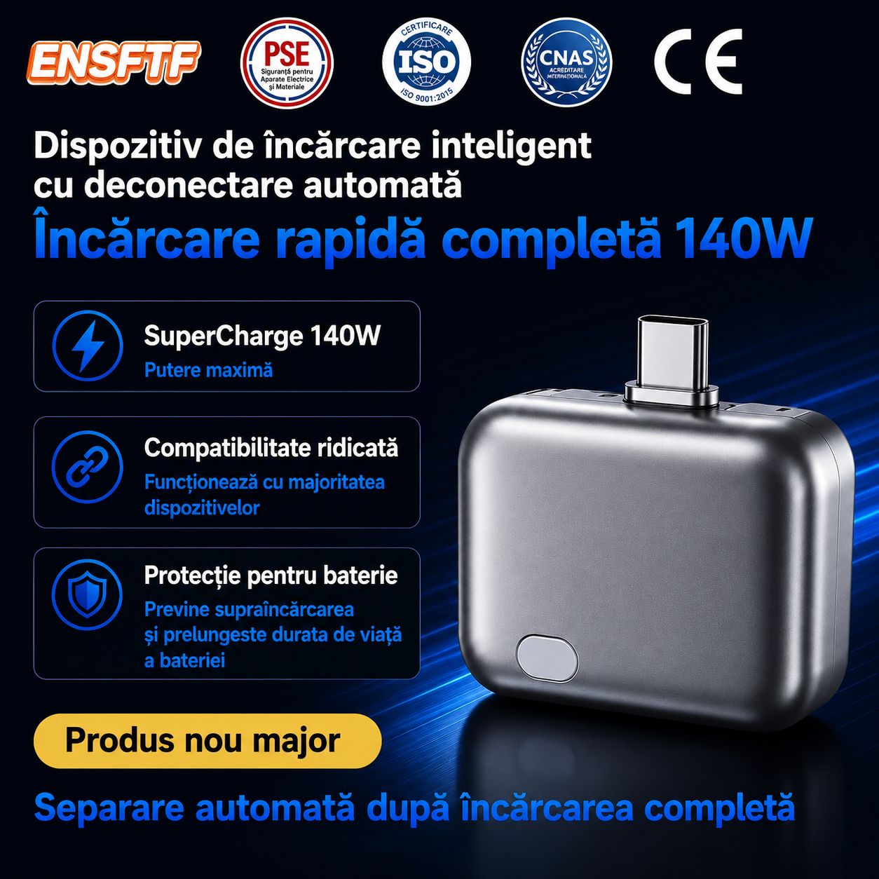 Adaptor Inteligent USB-C cu Oprire Automată a Încărcării